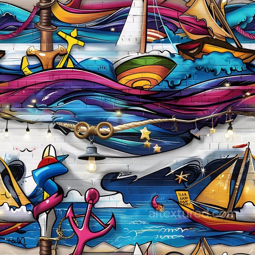 Seamless 3D PBR Texture Featuring Vibrant Nautical Graffiti with Boats and Anchors texture preview