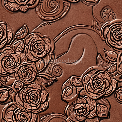 Seamless 3D embossed floral leather PBR texture in warm brown with intricate rose reliefs