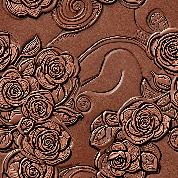 Embossed Floral Leather In Warm Brown With Intricate Rose Reliefs seamless PBR texture preview