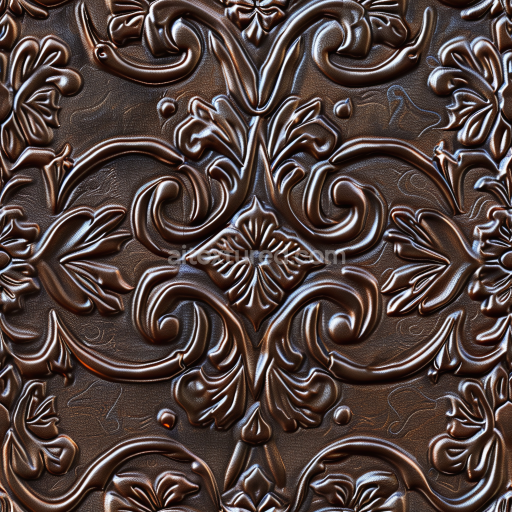 Seamless 3D Embossed Dark Brown Leather PBR Texture with Ornate Floral Patterns