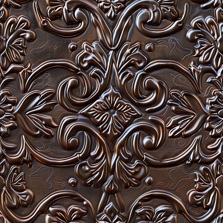 Embossed Dark Brown Leather with Ornate Floral Patterns seamless PBR texture preview
