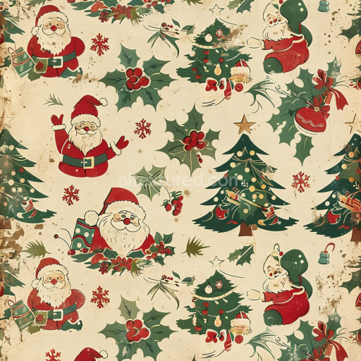 Seamless 3D PBR Texture of Vintage Christmas Paper with Santas and Trees