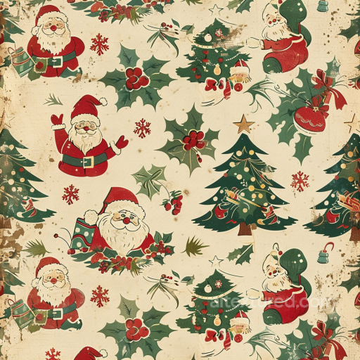 Vintage Christmas Digital Paper Texture with Santa and Holly Pattern seamless All Christmas Digital paper PBR texture