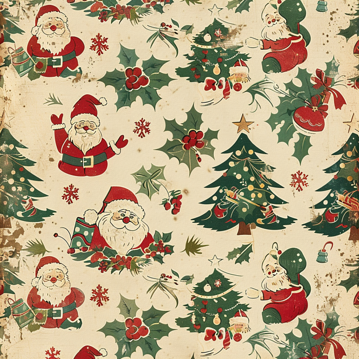 Vintage Christmas Digital Paper with Santa and Holly Pattern seamless PBR texture preview