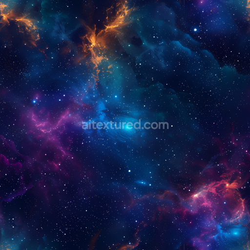 Seamless 3D Space PBR Texture Featuring Vibrant Nebula and Starfield in Deep Blues and Fiery Oranges