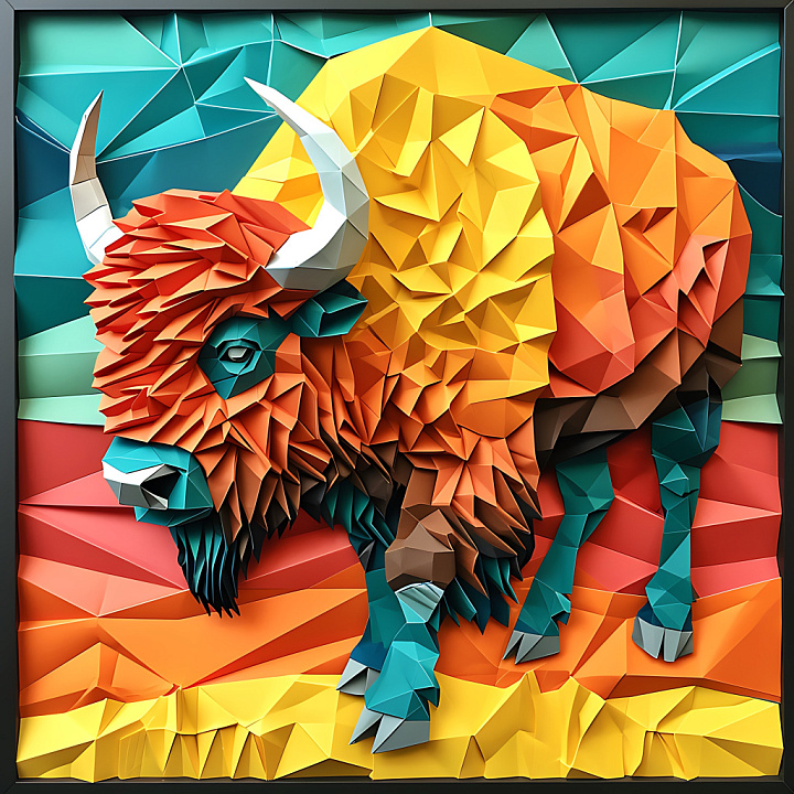 Animal of Stylized Origami Bison with Vibrant Geometric Color Blocks seamless PBR texture preview