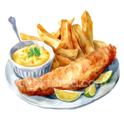 seamless Watercolor Fish and Chips Breakfast Plate with Lemon and Sauce texture 8k free download PBR