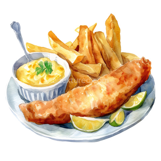 Watercolor Fish and Chips Breakfast Plate with Lemon and Sauce