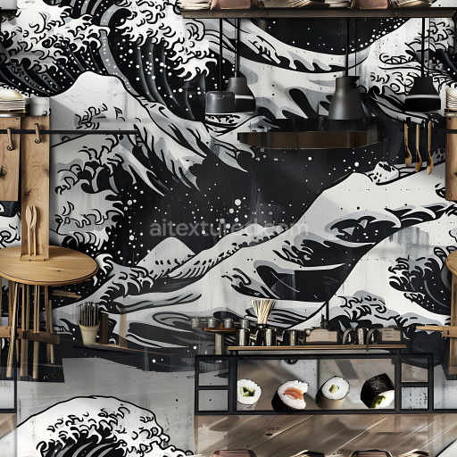 Seamless 3D PBR Graffiti Texture Featuring Bold Black and White Ocean Waves