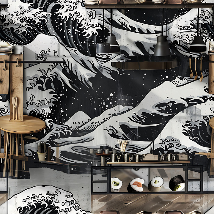 Graffiti Featuring Bold Black and White Ocean Waves seamless PBR texture preview