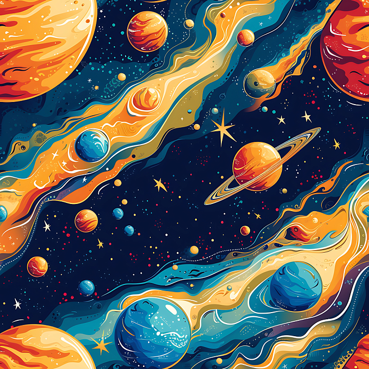 Space with Stylized Nebulae and Vibrant Planets seamless PBR texture preview