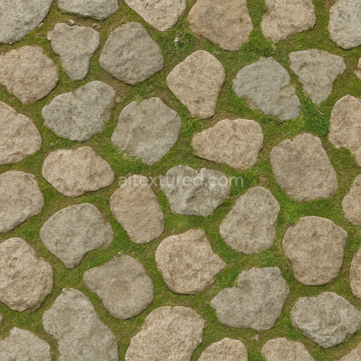 Seamless 3d texture pbr 8k cobblestone irregular with moss patches and dry surface rough wear