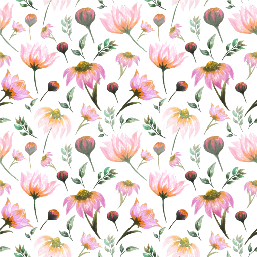 Seamless 3D PBR Texture of Hand-Painted Pink Flower Pattern on White Fabric