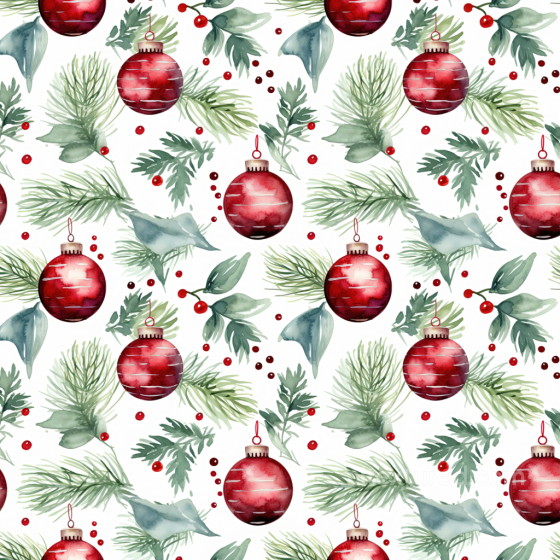Watercolor Christmas Ornaments and Greenery Seamless Texture Watercolor Christmas texture preview