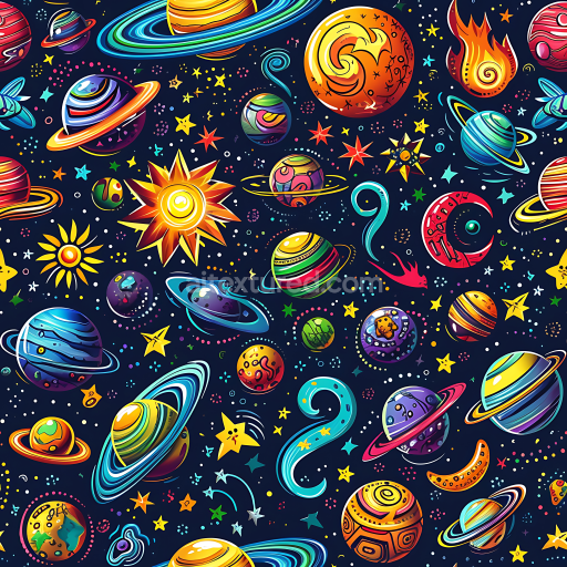 Seamless 3D Space PBR Texture with Colorful Cartoon Planets and Stars