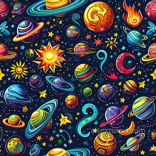 Space PBR Texture with Colorful Cartoon Planets and Stars seamless Star, space, planets PBR texture