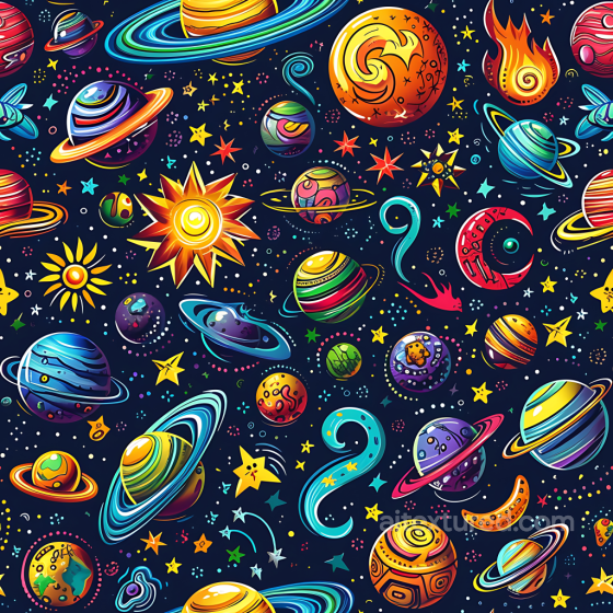 Space PBR Texture with Colorful Cartoon Planets and Stars Star, space, planets texture preview