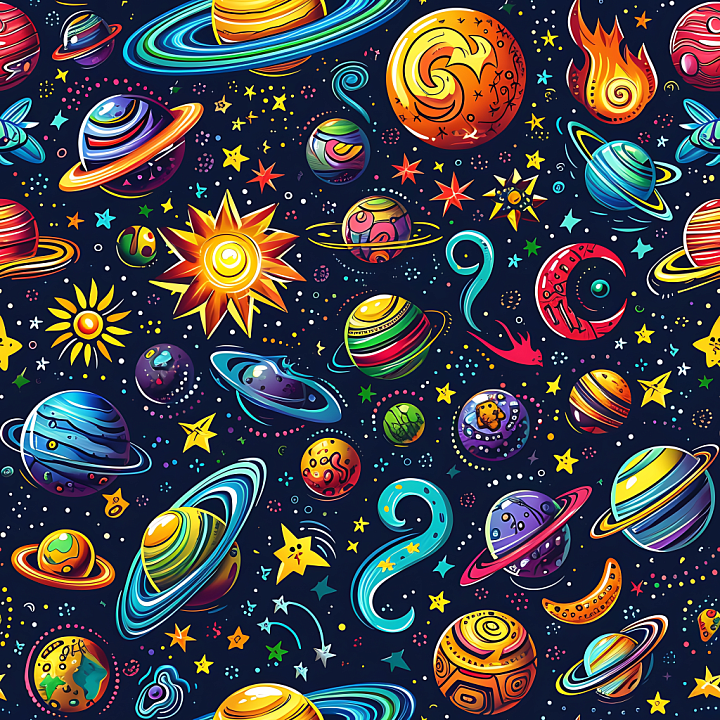 Space with Colorful Cartoon Planets and Stars seamless PBR texture preview