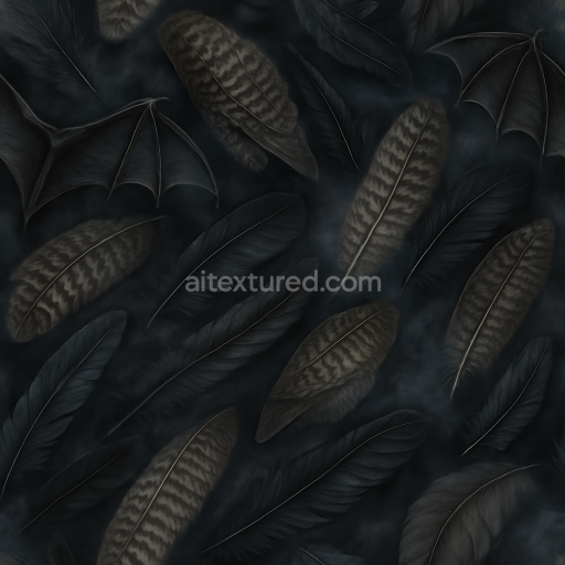 Seamless 3d texture pbr 8k bats wings with owl feathers and raven feathers in dark fog