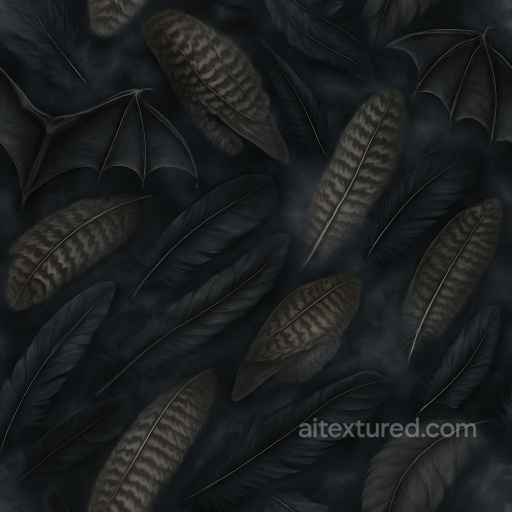 Bats Wings With Owl Feathers And Raven Feathers In Dark Fog seamless Halloween PBR texture