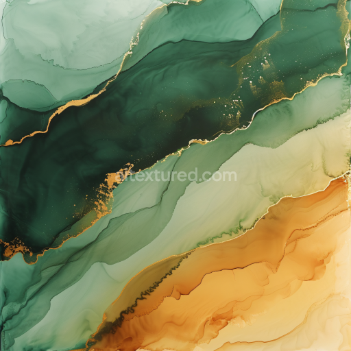 Seamless 3D Alcohol Ink PBR Texture Featuring Green and Amber Fluid Waves with Gold Veining