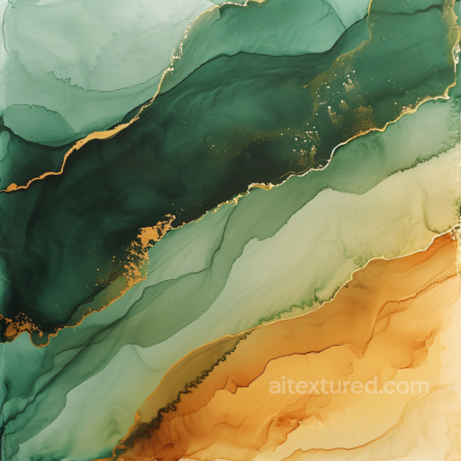 Alcohol Ink PBR Texture Featuring Green and Amber Fluid Waves with Gold Veining seamless Alcohol ink PBR texture