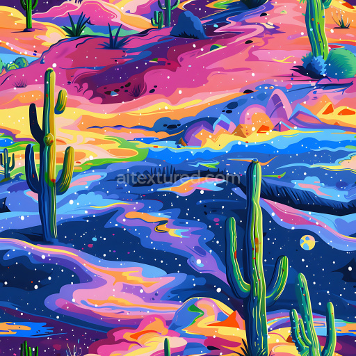 Seamless 3D PBR Graffiti Texture Featuring Colorful Desert Landscape and Stylized Cacti