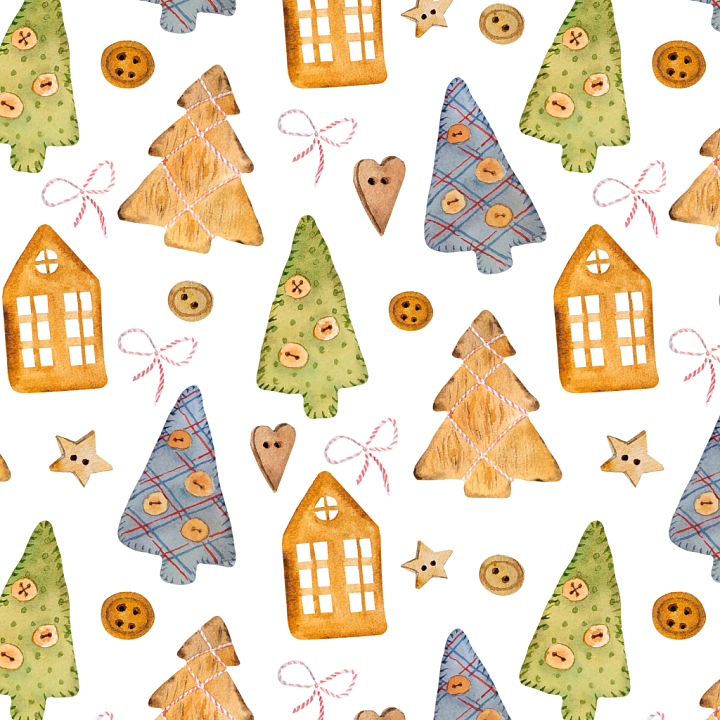 Watercolor Christmas with Decorative Cookies and Trees seamless PBR texture preview