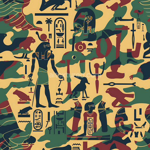 Seamless 3D Camouflage PBR Texture Featuring Ancient Egyptian Symbols and Earthy Color Patches