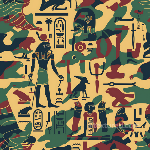 Camouflage PBR Texture Featuring Ancient Egyptian Symbols and Earthy Color Patches seamless Color Camouflage PBR texture