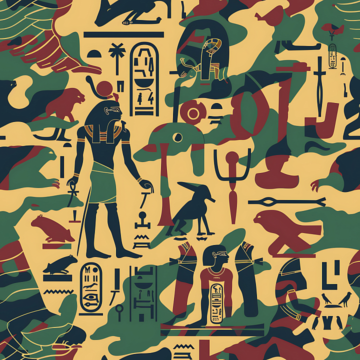 Camouflage Featuring Ancient Egyptian Symbols and Earthy Color Patches seamless PBR texture preview