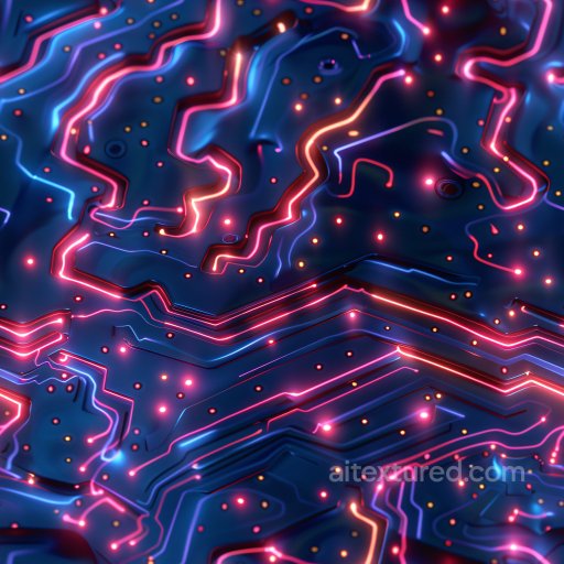 Seamless 3D PBR Texture of Glossy Neon Lit Circuit Board Pattern texture preview