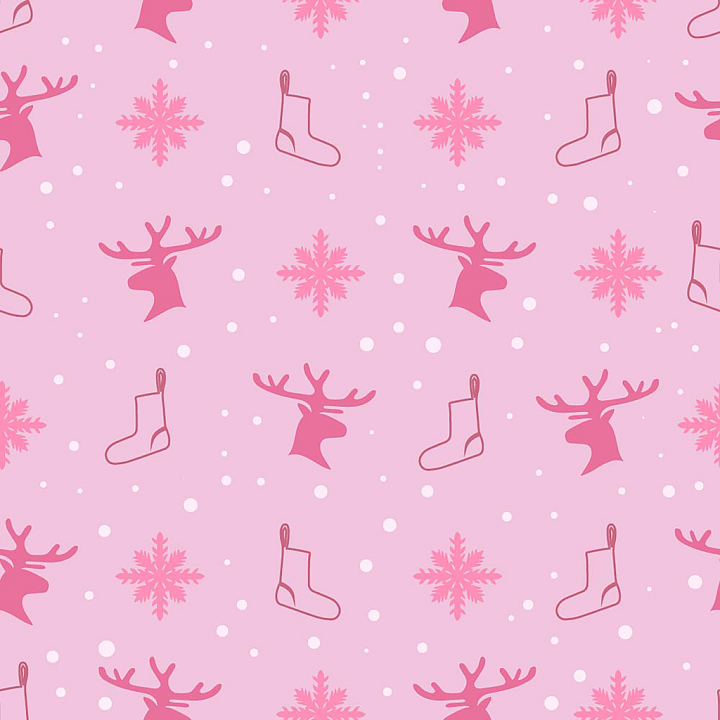 Christmas Digital Paper in Pink with Reindeer, Snowflakes, and Stockings seamless PBR texture preview
