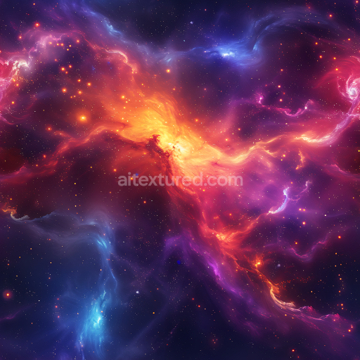 Seamless 3D Space PBR Texture Featuring Dynamic Nebulae and Starfields in Vibrant Blue, Purple, and Orange