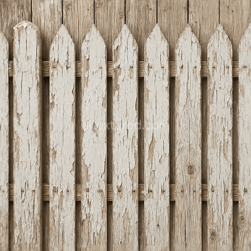 Seamless 8k 3d texture pbr rustic picket fence with painted wood and peeling paint effect
