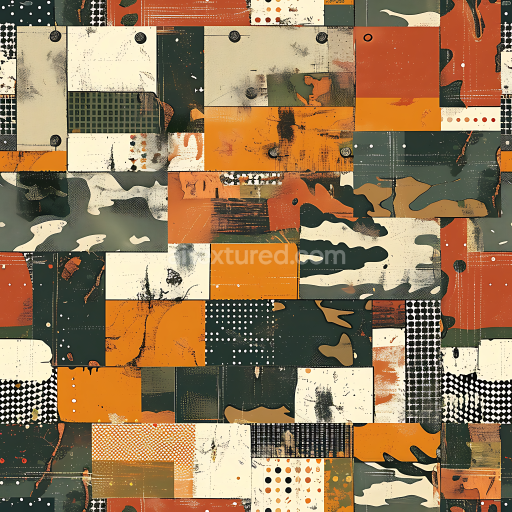 Seamless 3D Stylized Patchwork Camouflage PBR Texture with Earthy and Geometric Elements