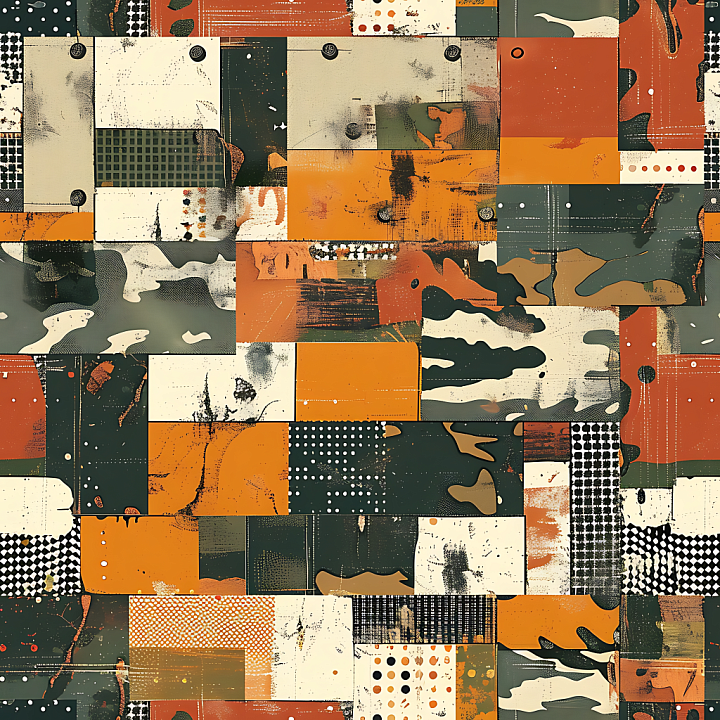 Stylized Patchwork Camouflage with Earthy and Geometric Elements seamless PBR texture preview