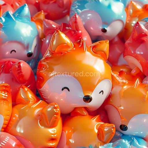 Seamless 3D inflated PBR texture featuring glossy vinyl fox-shaped inflated toys in bright orange and blue