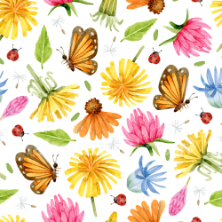 seamless Seamless 3D PBR Watercolor Butterflies Floral Pattern Texture with Vibrant Flowers and Insects texture 8k free download PBR