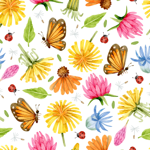 Preview — Seamless 3D PBR Watercolor Butterflies Floral Pattern Texture with Vibrant Flowers and Insects