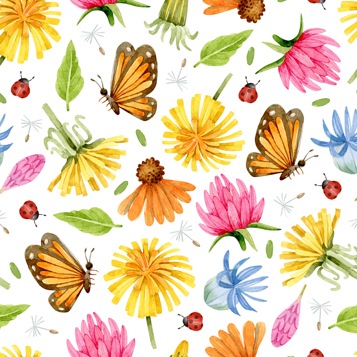 Watercolor Butterflies Floral Pattern with Vibrant Flowers and Insects seamless PBR texture preview