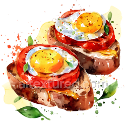 seamless Watercolor Style Breakfast Bruschetta with Fried Egg and Tomato Illustration texture 8k free download PBR