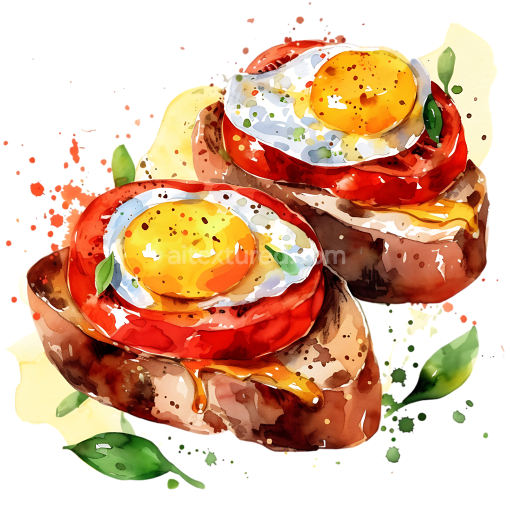 Watercolor Style Breakfast Bruschetta with Fried Egg and Tomato Illustration