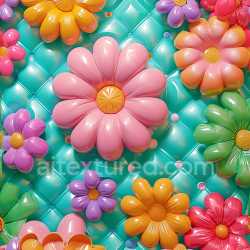 seamless Seamless 3D Inflated PBR Texture Featuring Colorful Puffy Flower Cushions on Teal Quilted Surface texture 8k free download PBR