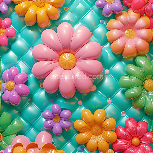 Seamless 3D Inflated PBR Texture Featuring Colorful Puffy Flower Cushions on Teal Quilted Surface