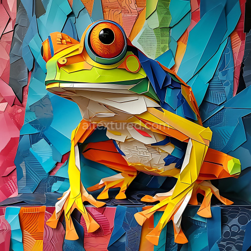 Seamless 3D PBR Texture of Vibrant Origami Bullfrog with Geometric Layers