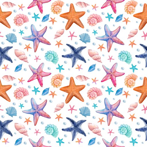 Pattern Texture with Colorful Starfish and Seashell Motifs in Watercolor Style seamless Pattern Bundle PBR texture