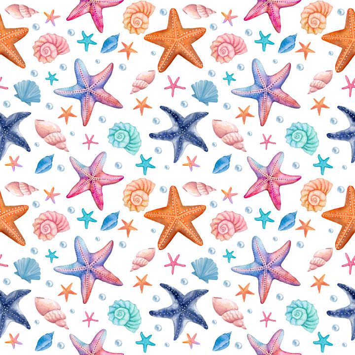 Pattern with Colorful Starfish and Seashell Motifs in Watercolor Style seamless PBR texture preview
