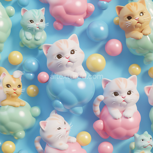 Seamless 3D Inflated PBR Texture Featuring Colorful Cute Cat Balloons