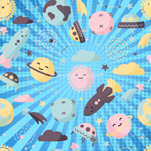 Seamless 3D PBR Cartoon Baby Boy Space Fabric Texture with Planets and Rockets